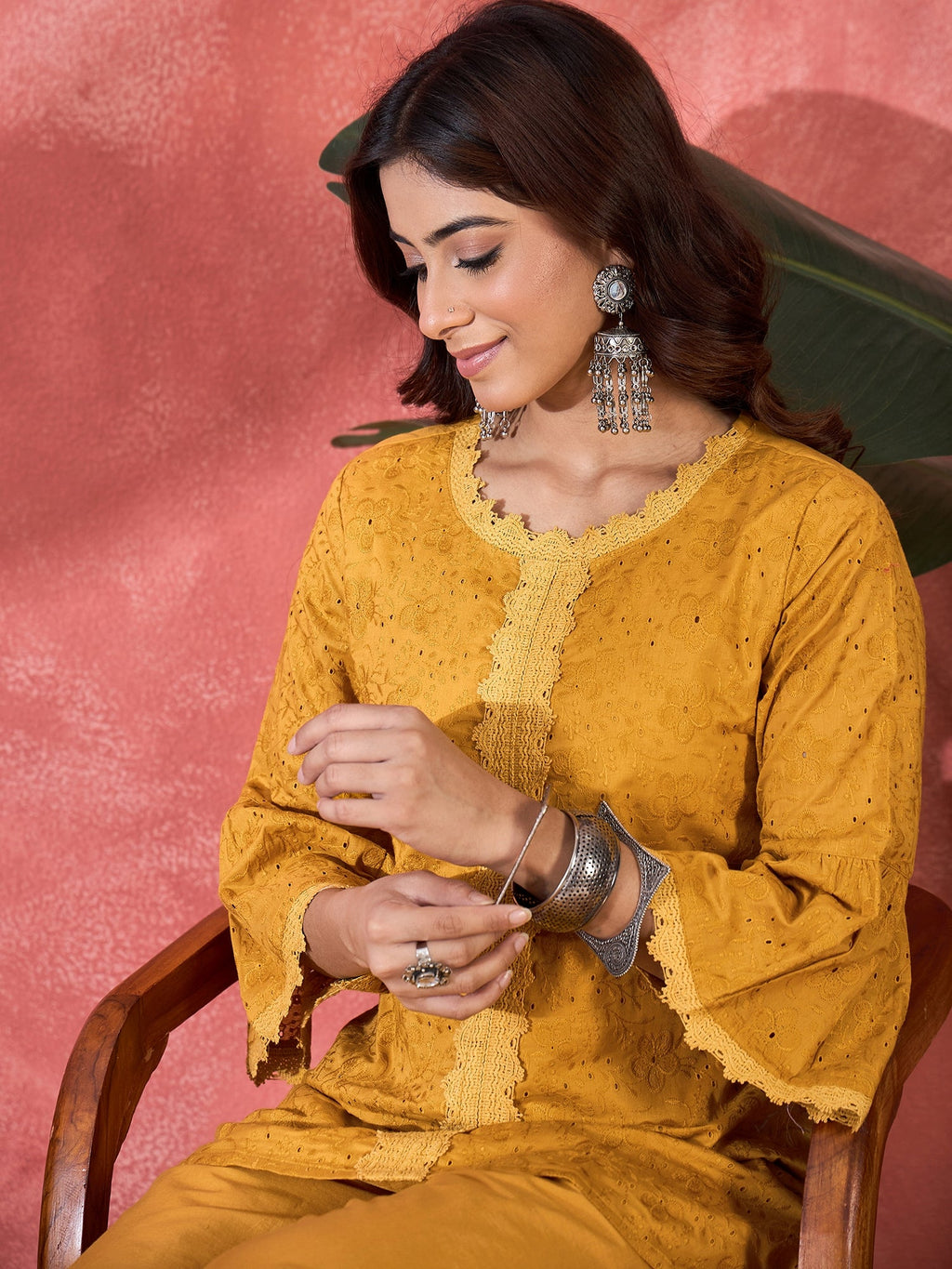 Mustard Cotton Embroidered Ethnic Co-ord Kurta Set