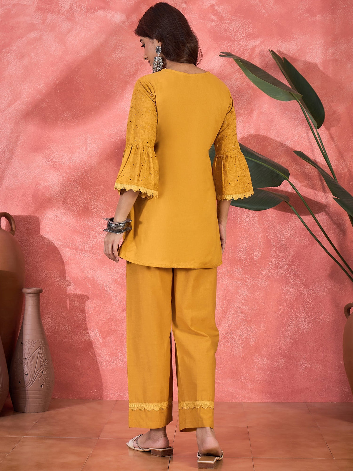 Mustard Cotton Embroidered Ethnic Co-ord Kurta Set