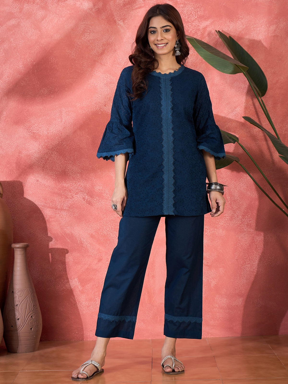 Navy Blue cotton kurta set with intricate embroidery, styled as a readymade ethnic co-ord set