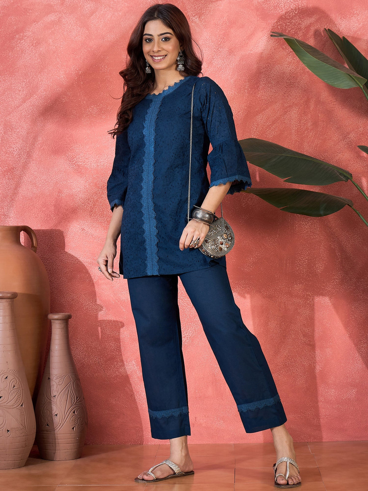 Navy Blue Cotton Embroidered Kurta Set for Women Ethnic Co-ord