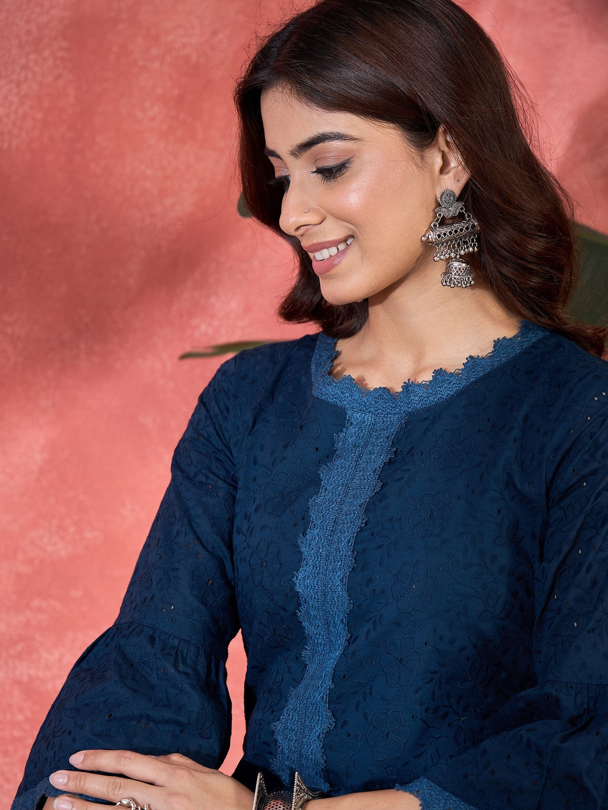 Navy Blue Cotton Embroidered Kurta Set for Women Ethnic Co-ord