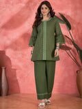 Green cotton readymade kurta set with detailed embroidery and 3/4 sleeves