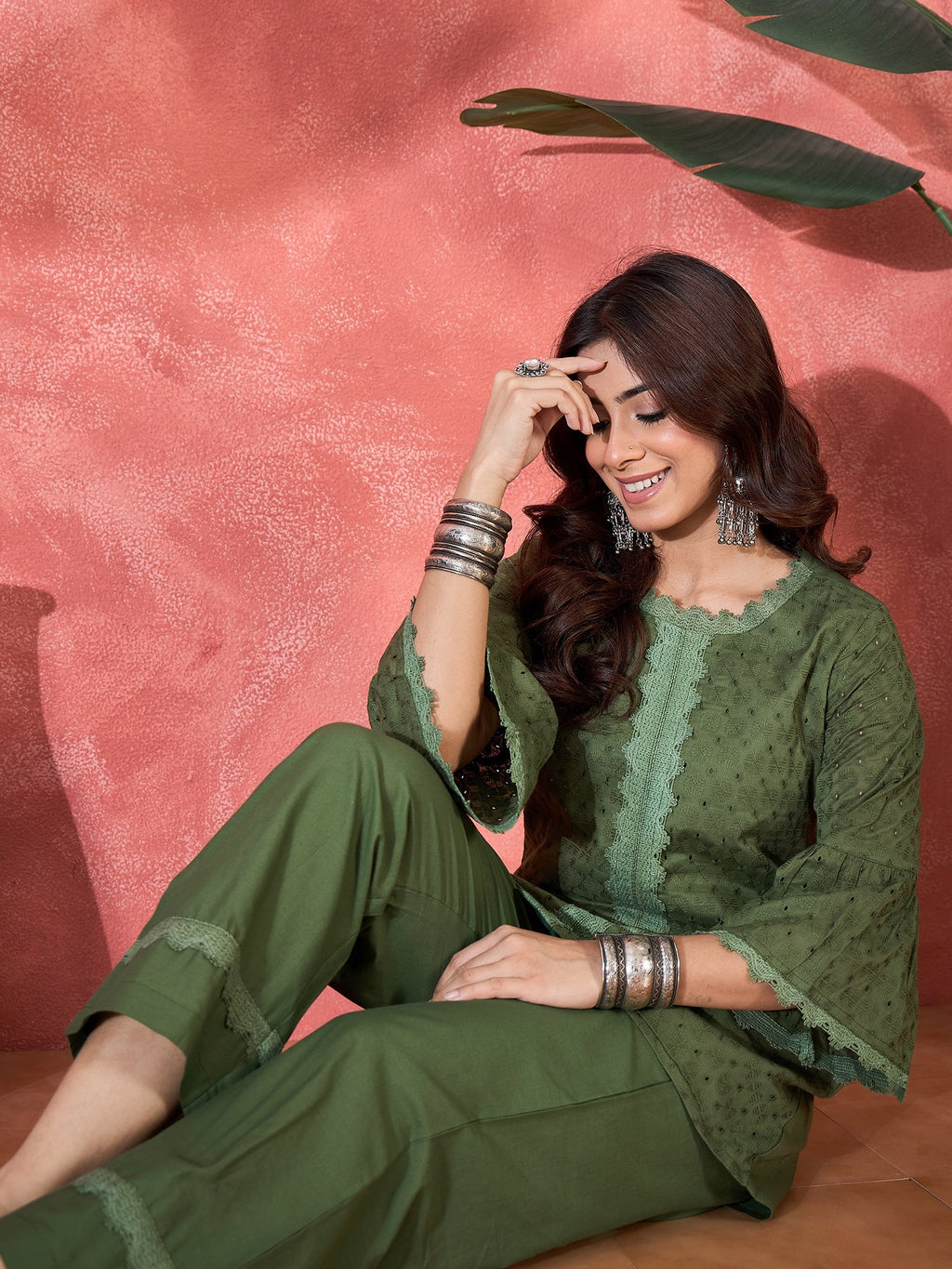 Green Cotton Embroidery Readymade Kurta Set for Women