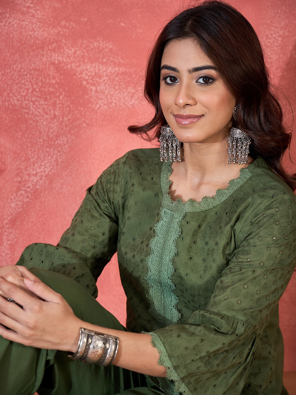 Green Cotton Embroidery Readymade Kurta Set for Women