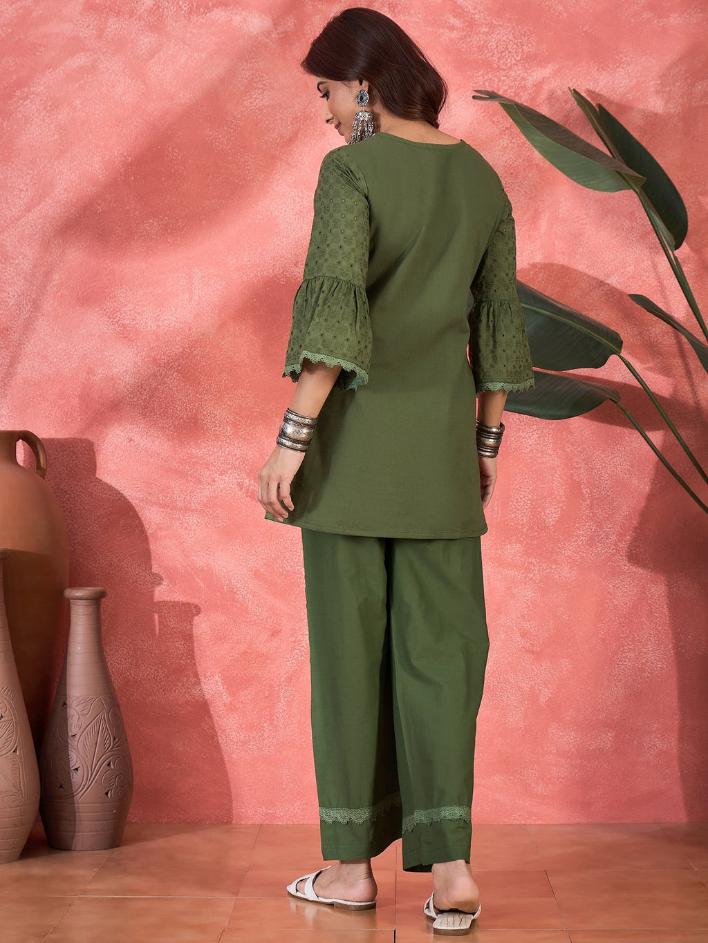 Green Cotton Embroidery Readymade Kurta Set for Women