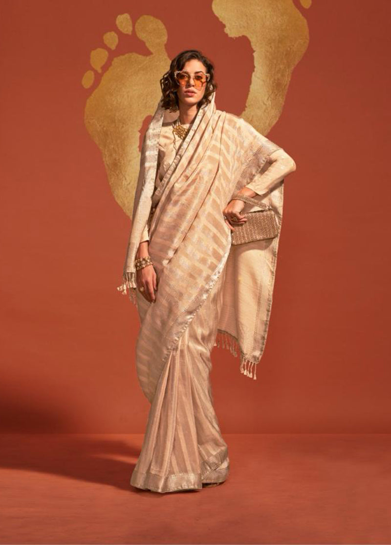 Beige Viscose Handloom Silk Weaving Saree with Blouse