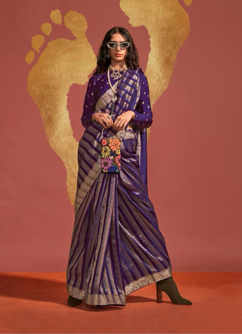 Dark Violet Handloom Silk Saree with Geometric Weaving and Blouse