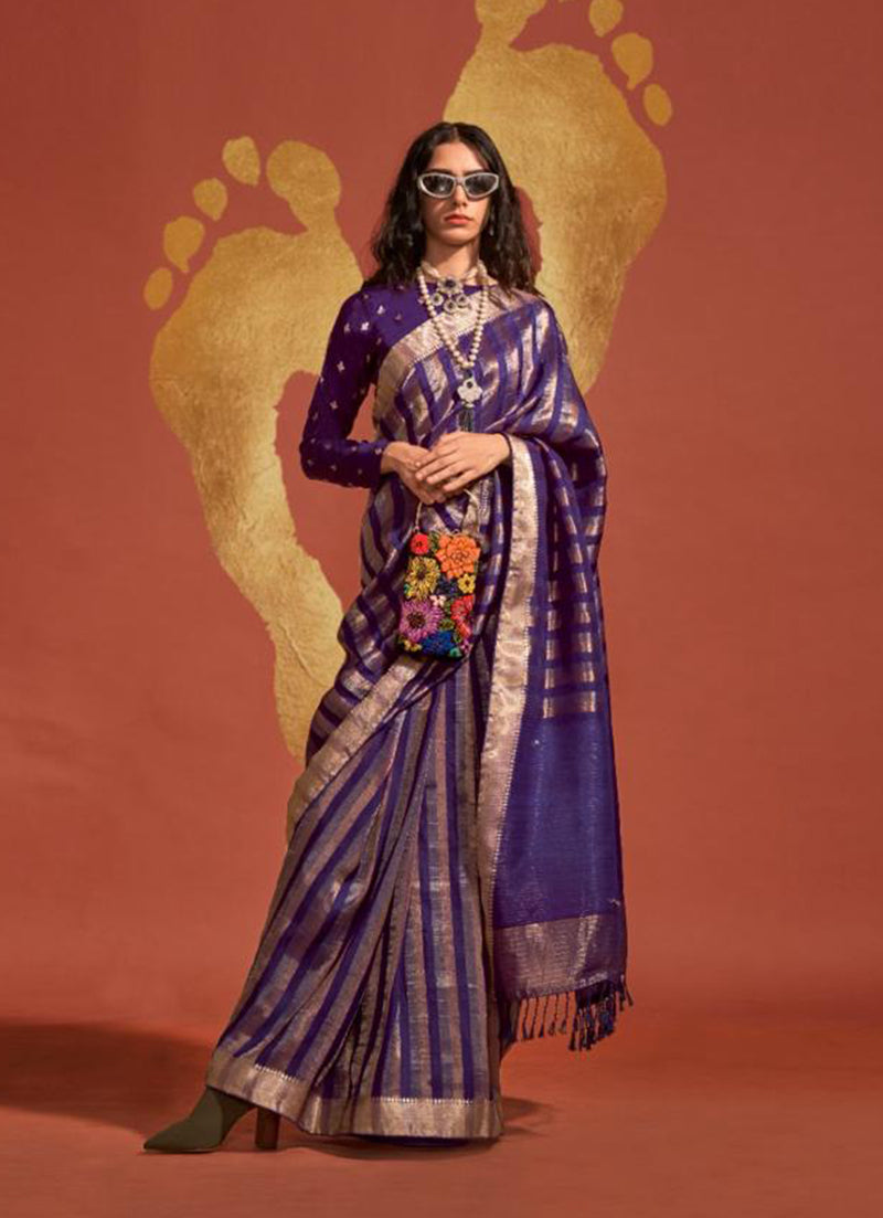 Dark violet handloom silk saree with gold geometric weaving and unstitched blouse