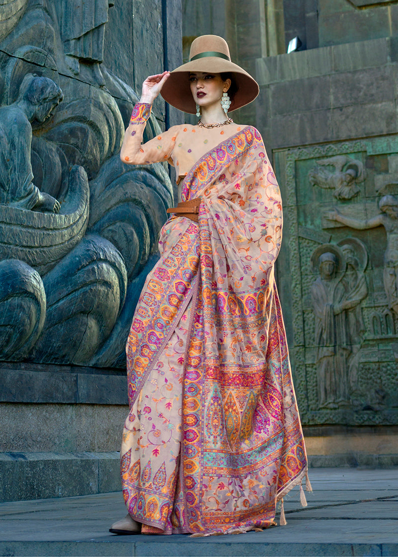 Beige Kashmiri Organza Pashmina Silk Saree with Blouse Piece
