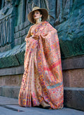 Elegant beige saree made from Kashmiri-inspired organza and pashmina silk with matching blouse.