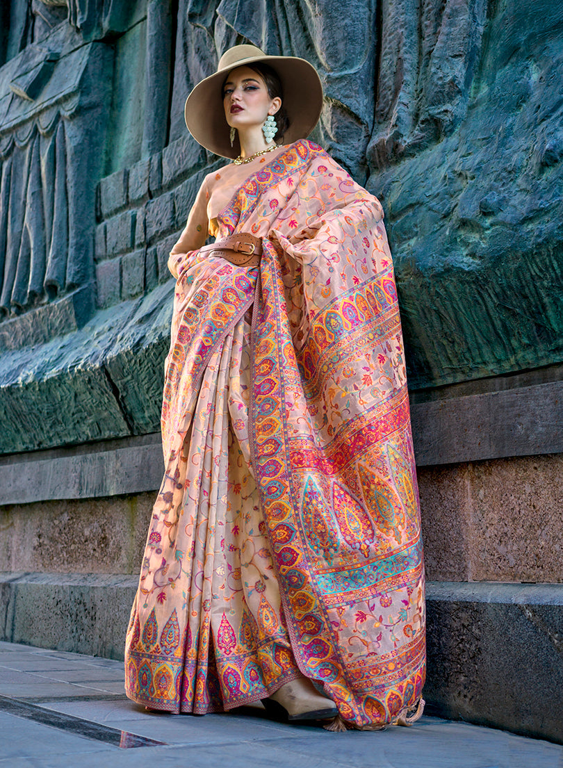 Elegant beige saree made from Kashmiri-inspired organza and pashmina silk with matching blouse.