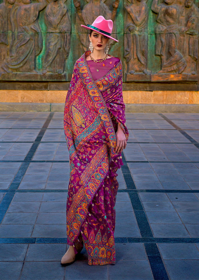 Dark Purple Kashmiri Organza Pashmina Silk Saree with Blouse