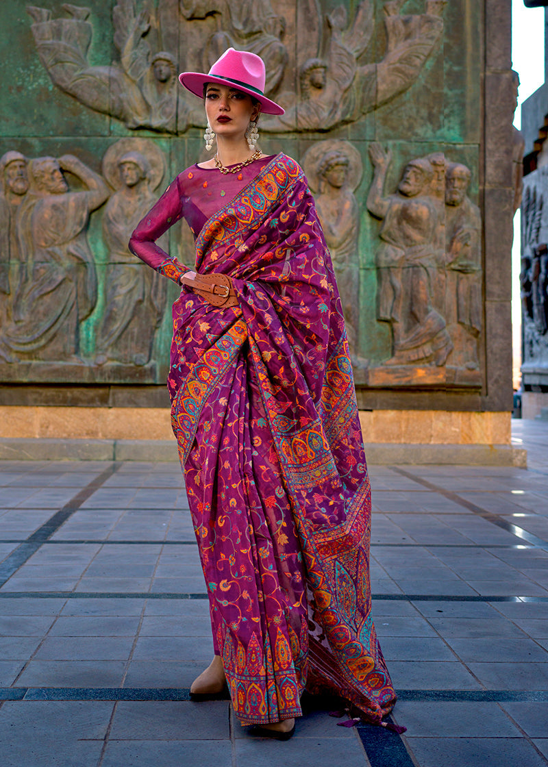 Dark Purple Kashmiri Organza Pashmina Silk Saree featuring rich textures and elegant drape.