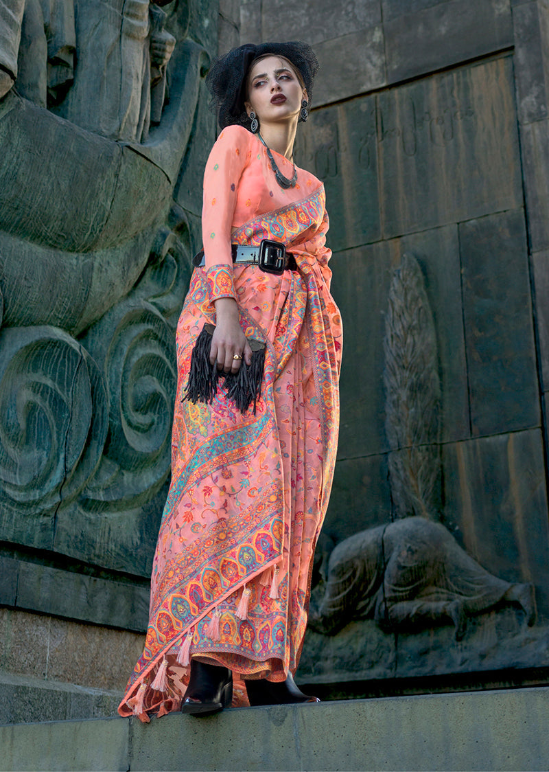 Peach Kashmiri Organza Pashmina Silk Saree with Blouse