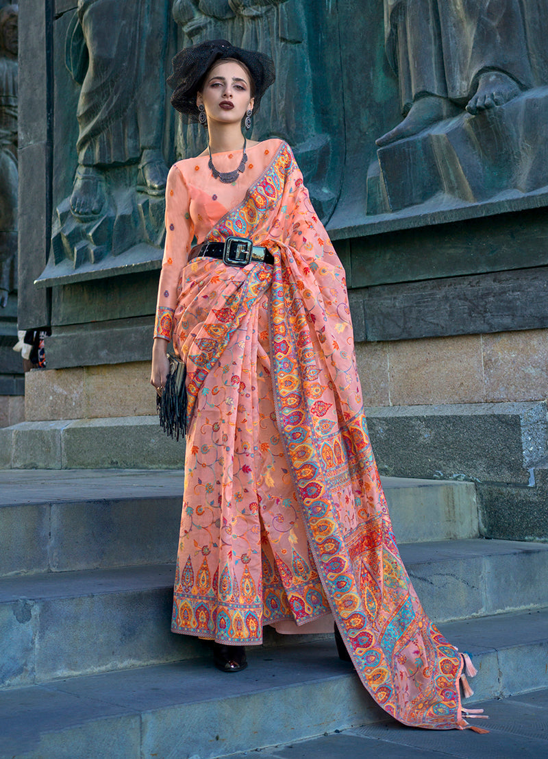 Peach Kashmiri organza and pashmina silk saree with coordinating blouse