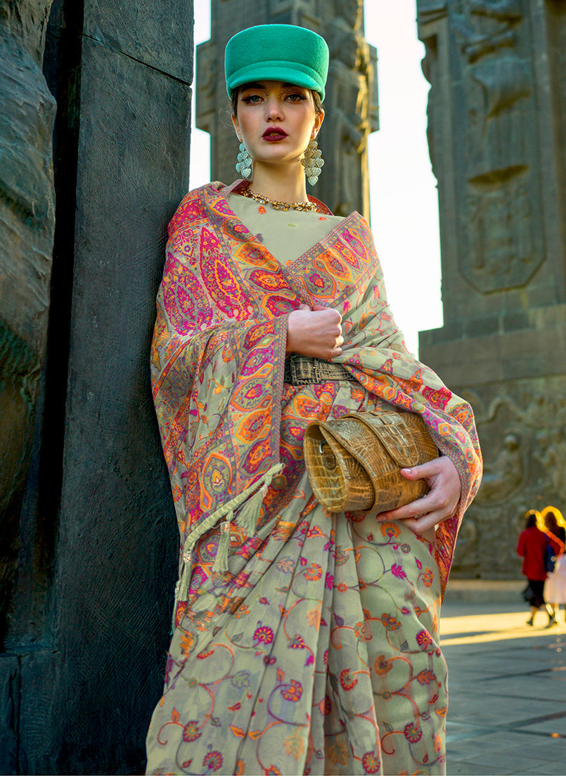 Monjolika Fashion Pear Green Color Kashmiri Organza Pashmina Silk Saree With Blouse