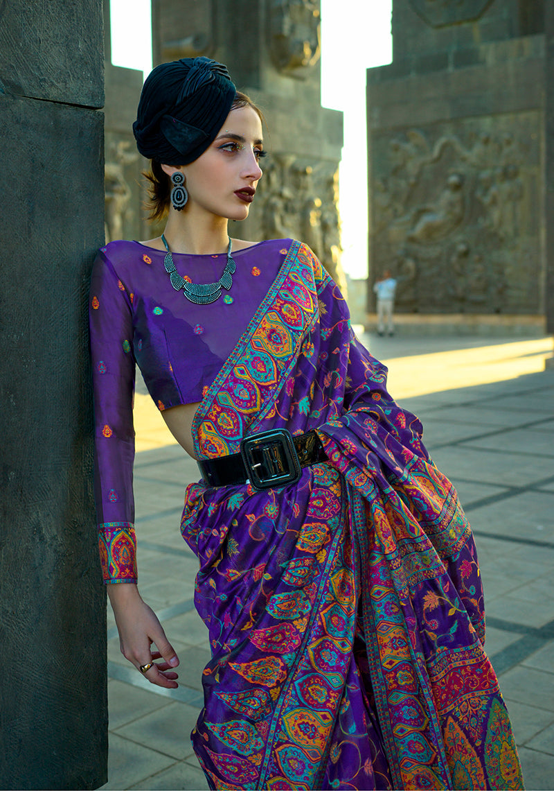 Violet Kashmiri Organza Pashmina Silk Floral Saree