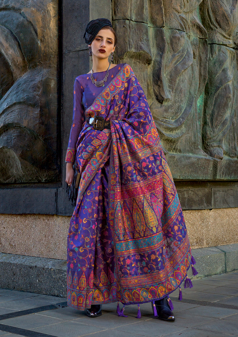 Violet Kashmiri organza pashmina silk saree with floral pattern and matching blouse