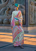 Light cyan Kashmiri organza pashmina silk saree with floral design and blouse