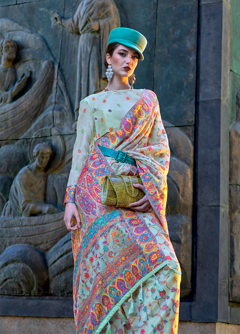 Light Cyan Kashmiri Organza Pashmina Silk Floral Saree