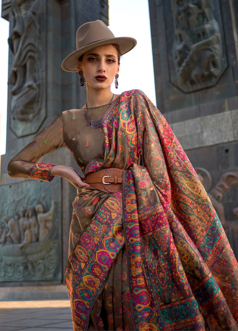 Monjolika Fashion Chikoo Color Kashmiri Organza Pashmina Silk Saree With Blouse