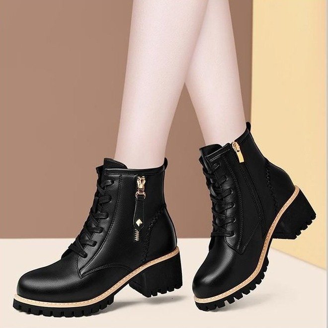 Women's Black Leather Lace-Up Ankle Boots with Zipper - Image 4