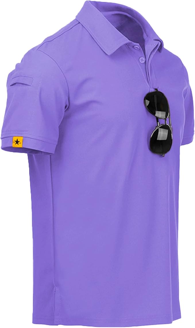 Men wearing a performance tactical golf polo shirt with ring buckle detail and moisture-wicking fabric.