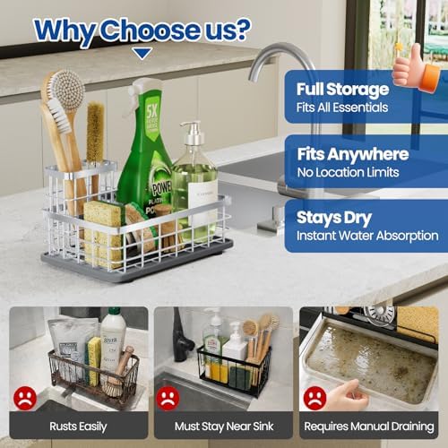 Extra Large Sink Caddy with Drying Stone, Sponge & Brush Holder