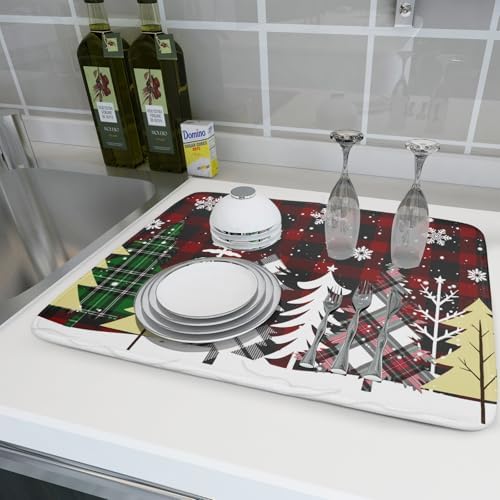 Christmas Dish Drying Mat for Kitchen Counter 16”x18” Christmas Tree Buffalo
