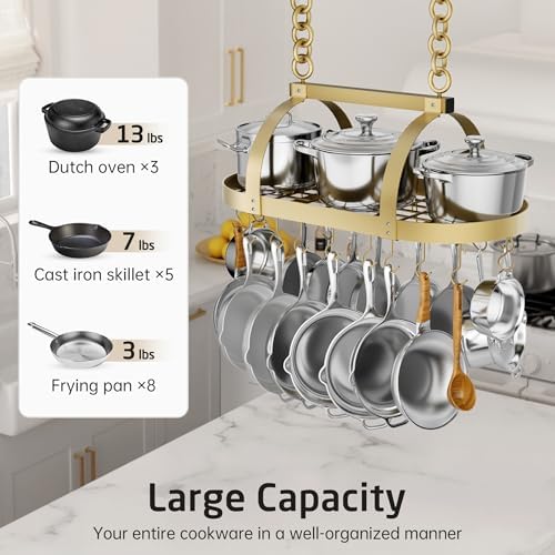 KES Gold 34 Inch Hanging Pot Rack, 100 LBS Capacity Heavy Duty Oval Pot and Pan