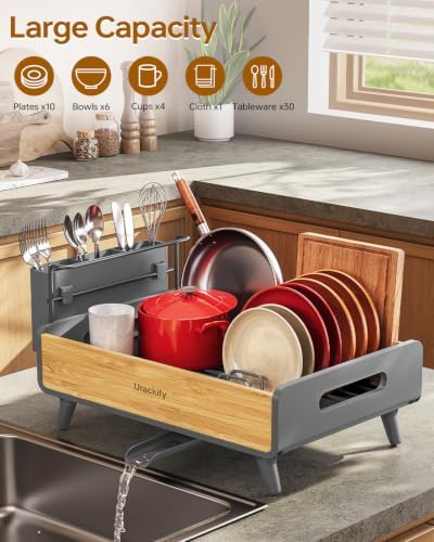 Urackify Modern Dish Rack for Kitchen Counter, Stainless Steel & Bamboo