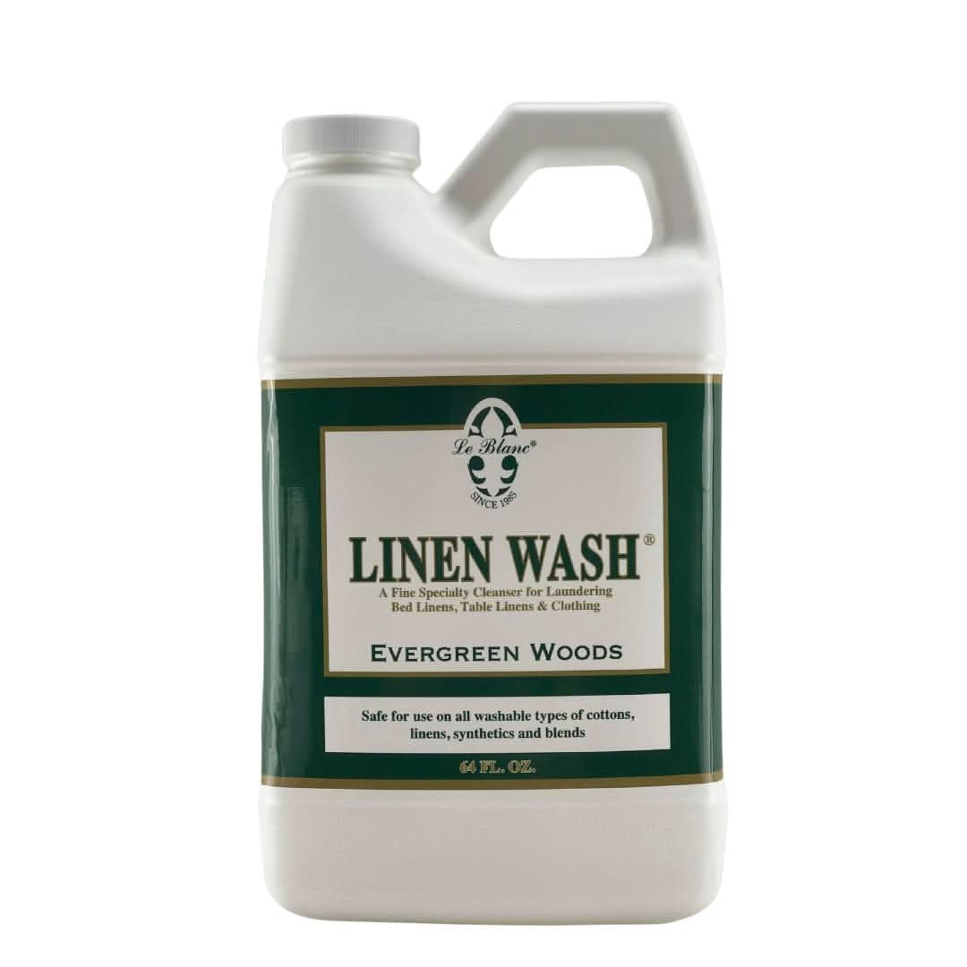 Bottle of Le Blanc Evergreen Woods Linen Wash 64 oz laundry detergent
