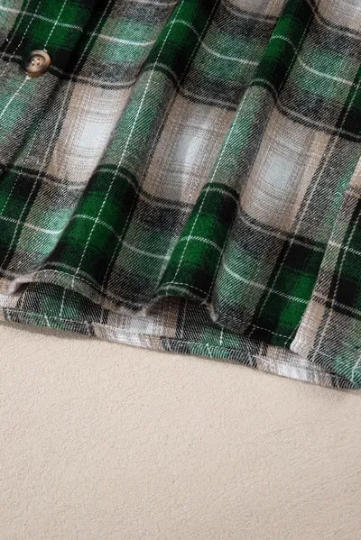 Dark Green Plaid Drawstring Hooded Jacket with Pockets