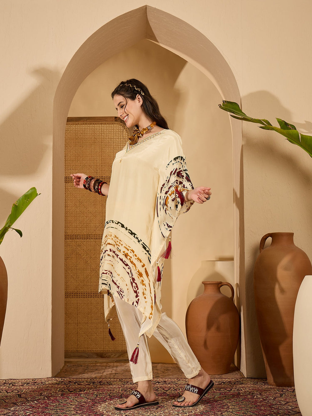 Cream Silk Printed Kaftan-Style Readymade Kurta Set