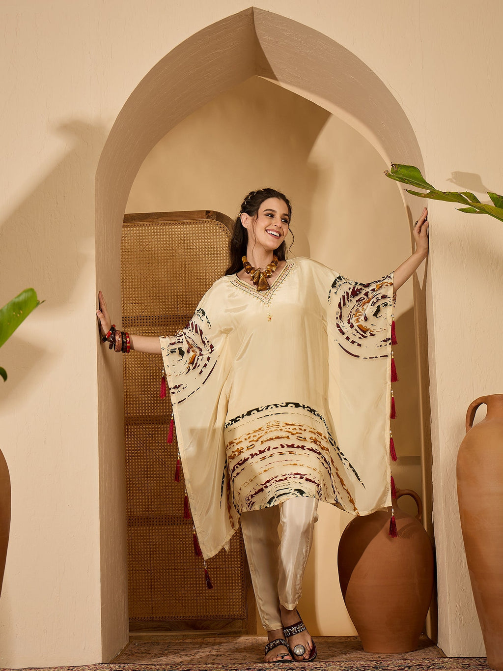 Cream Silk Printed Kaftan-Style Readymade Kurta Set