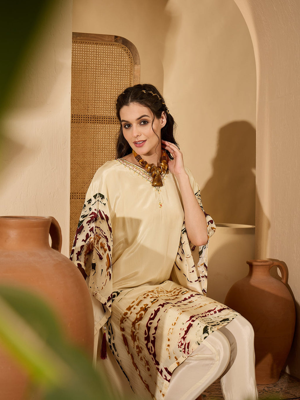 Cream Silk Printed Kaftan-Style Readymade Kurta Set