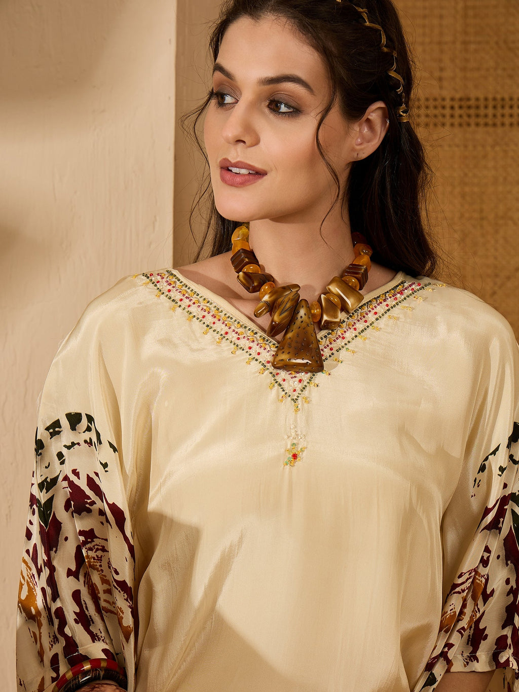 Cream Silk Printed Kaftan-Style Readymade Kurta Set