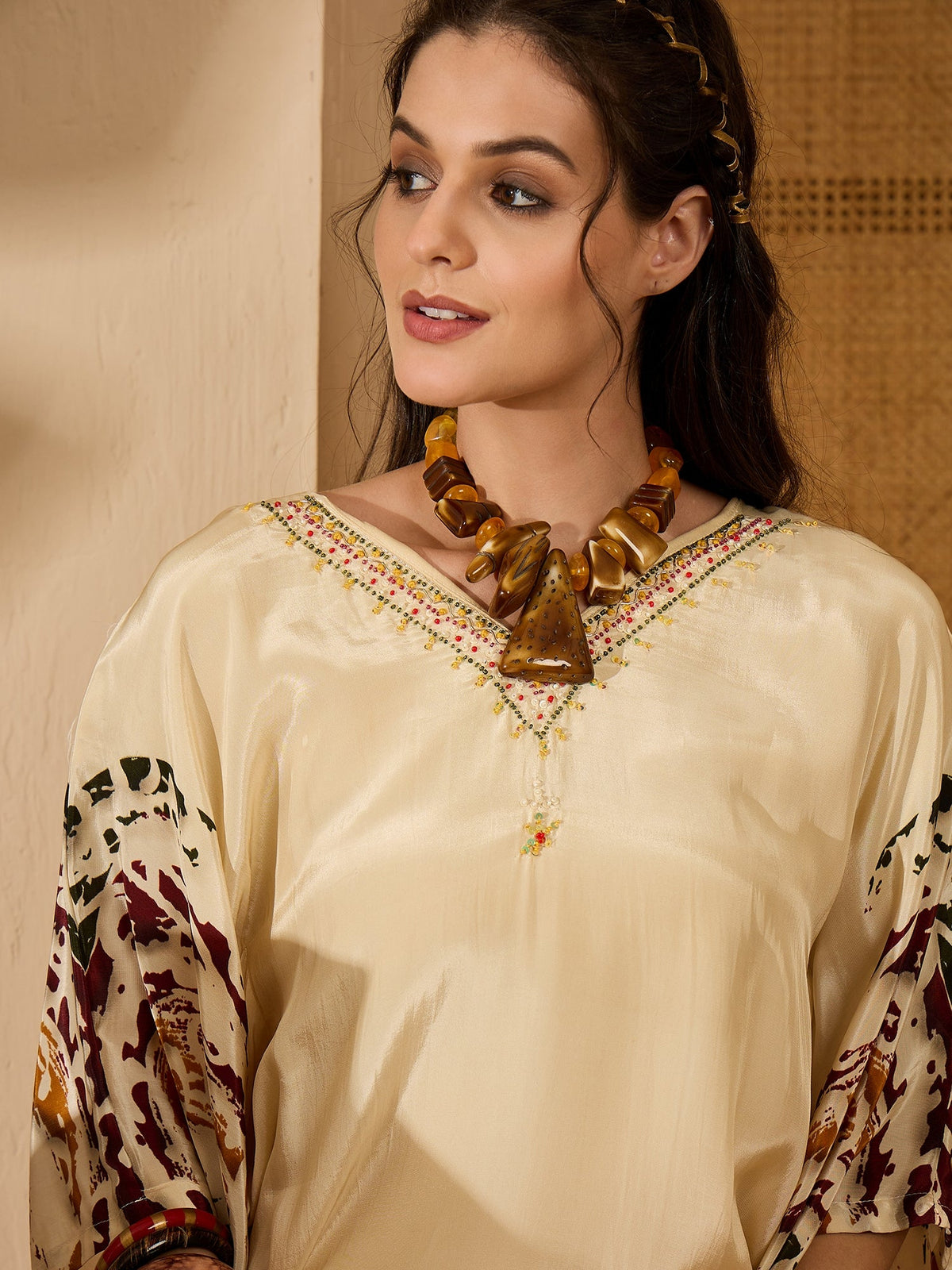 Cream Silk Printed Kaftan-Style Readymade Kurta Set