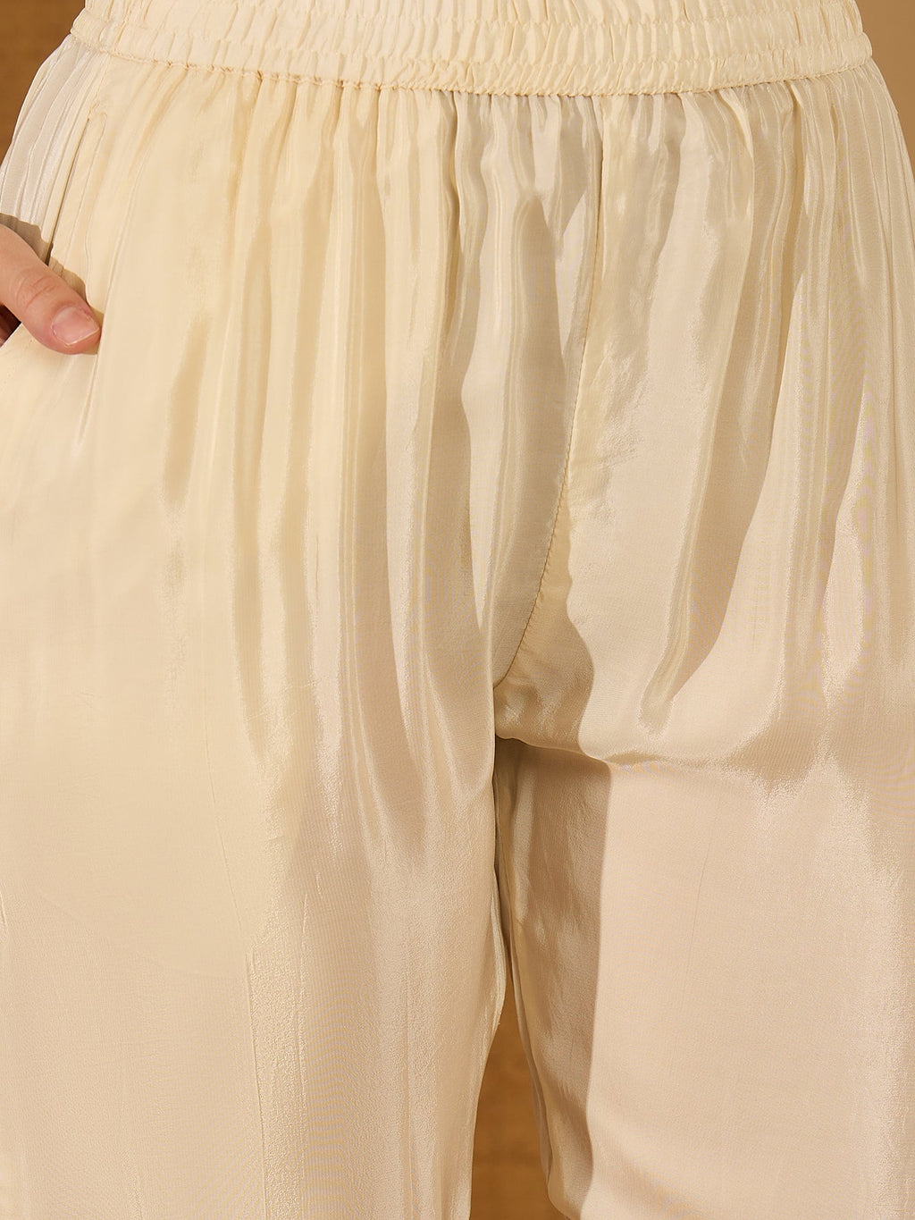Cream Silk Printed Kaftan-Style Readymade Kurta Set