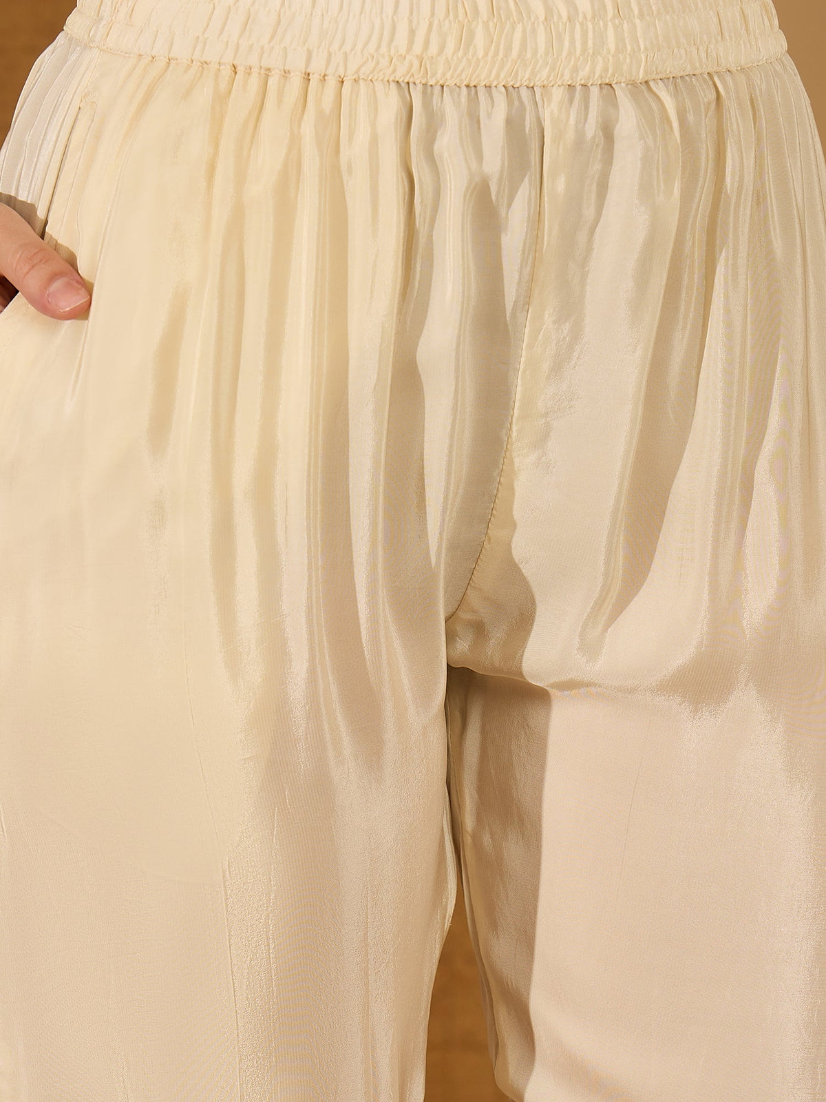 Cream Silk Printed Kaftan-Style Readymade Kurta Set
