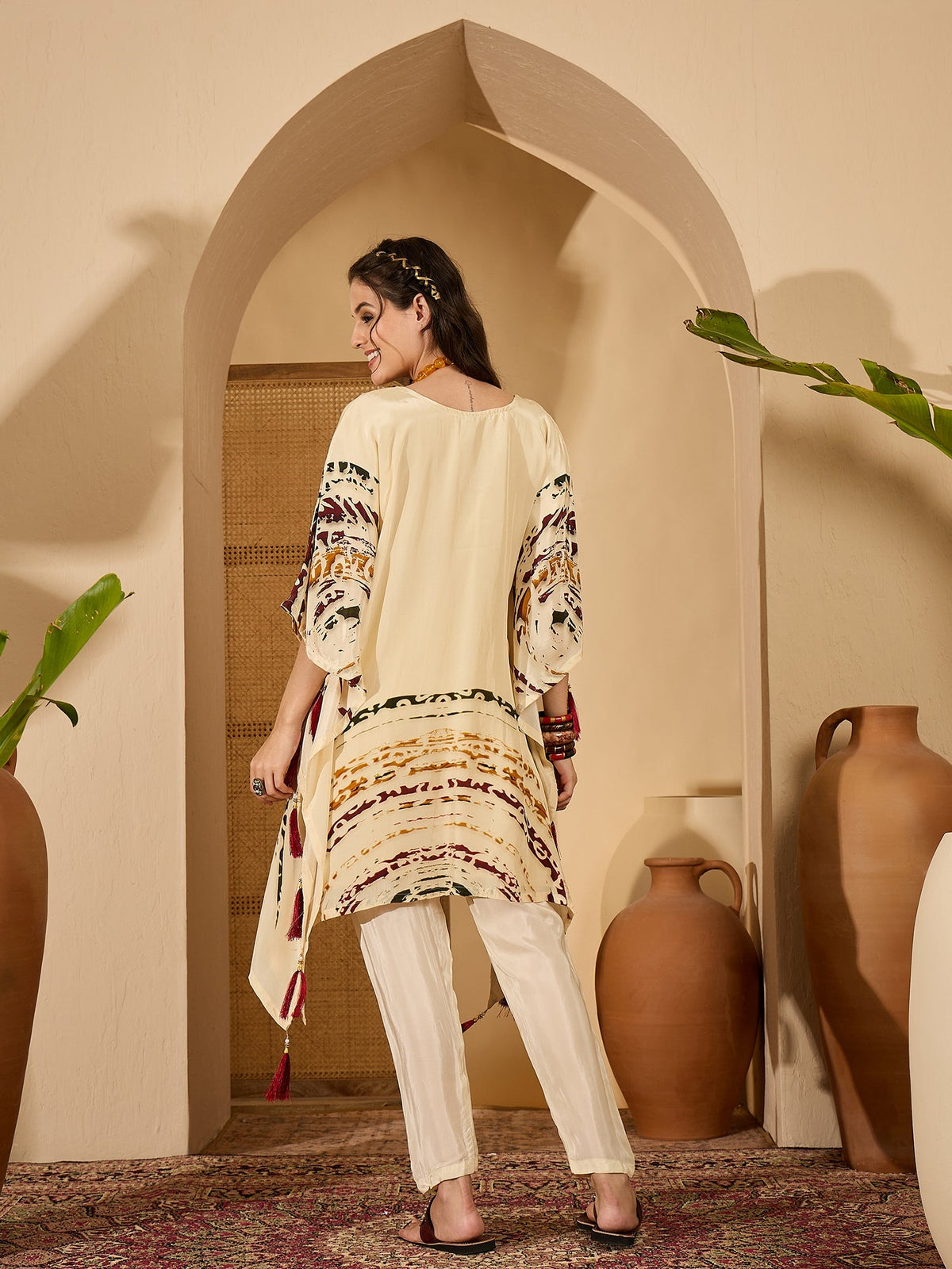 Cream Silk Printed Kaftan-Style Readymade Kurta Set