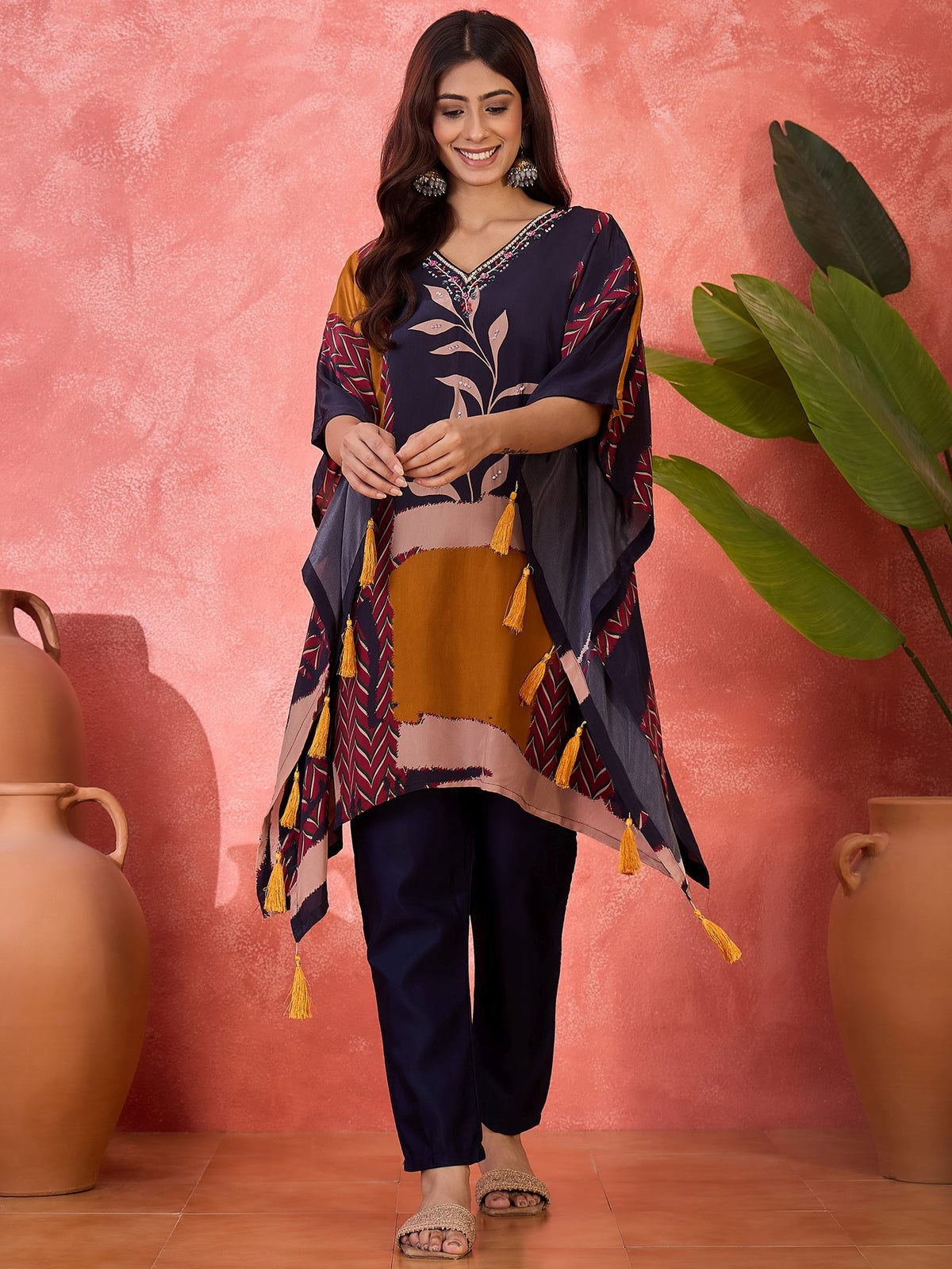 Navy Blue silk kaftan-style kurta set with contemporary artistic print