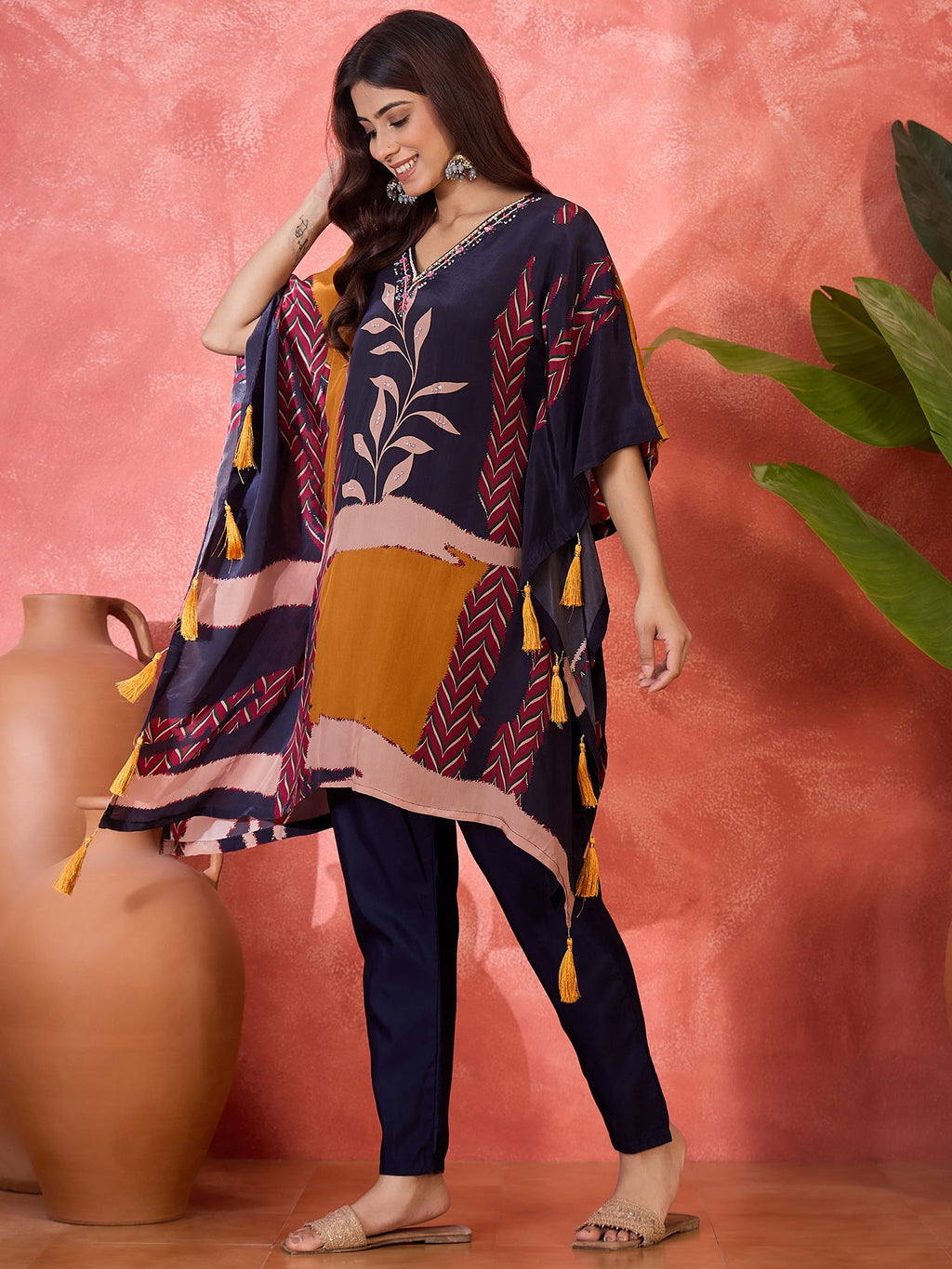 Navy Blue Silk Kaftan-Style Printed Readymade Kurta Set