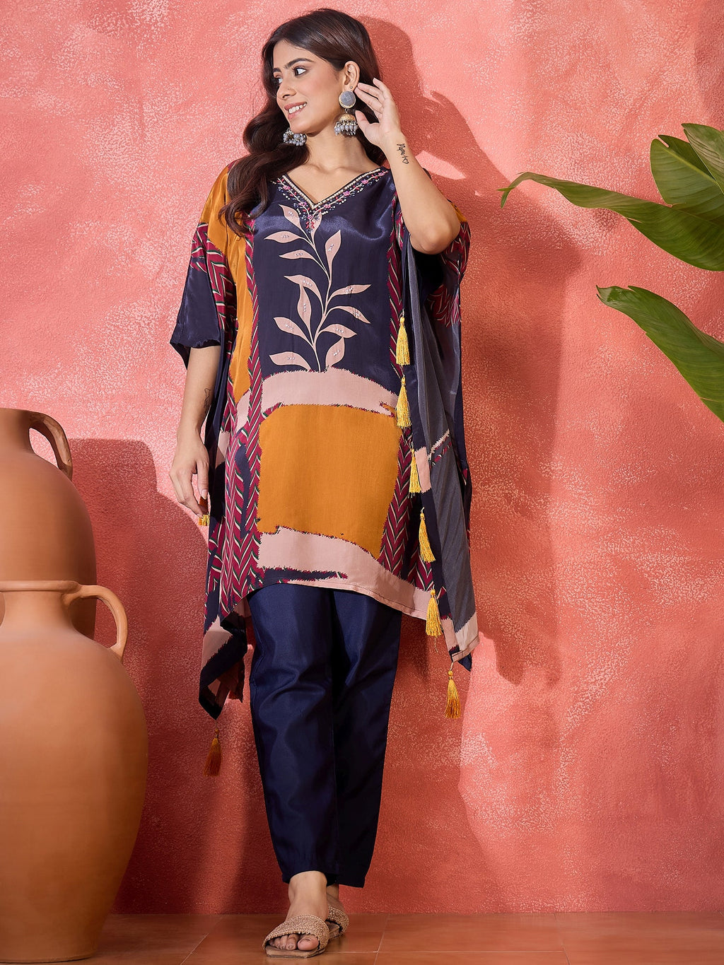 Navy Blue Silk Kaftan-Style Printed Readymade Kurta Set