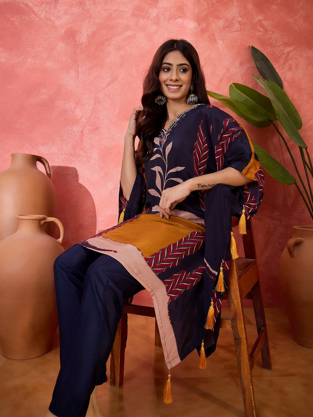 Navy Blue Silk Kaftan-Style Printed Readymade Kurta Set