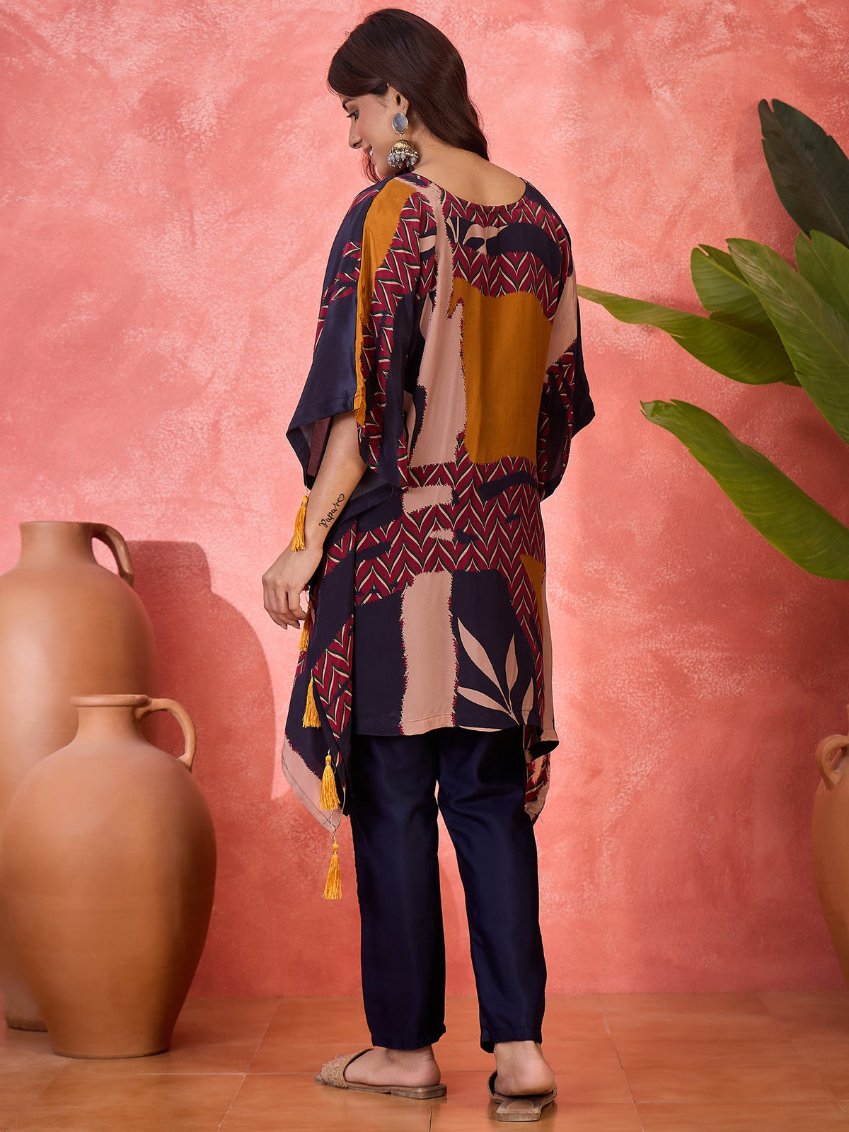 Navy Blue Silk Kaftan-Style Printed Readymade Kurta Set
