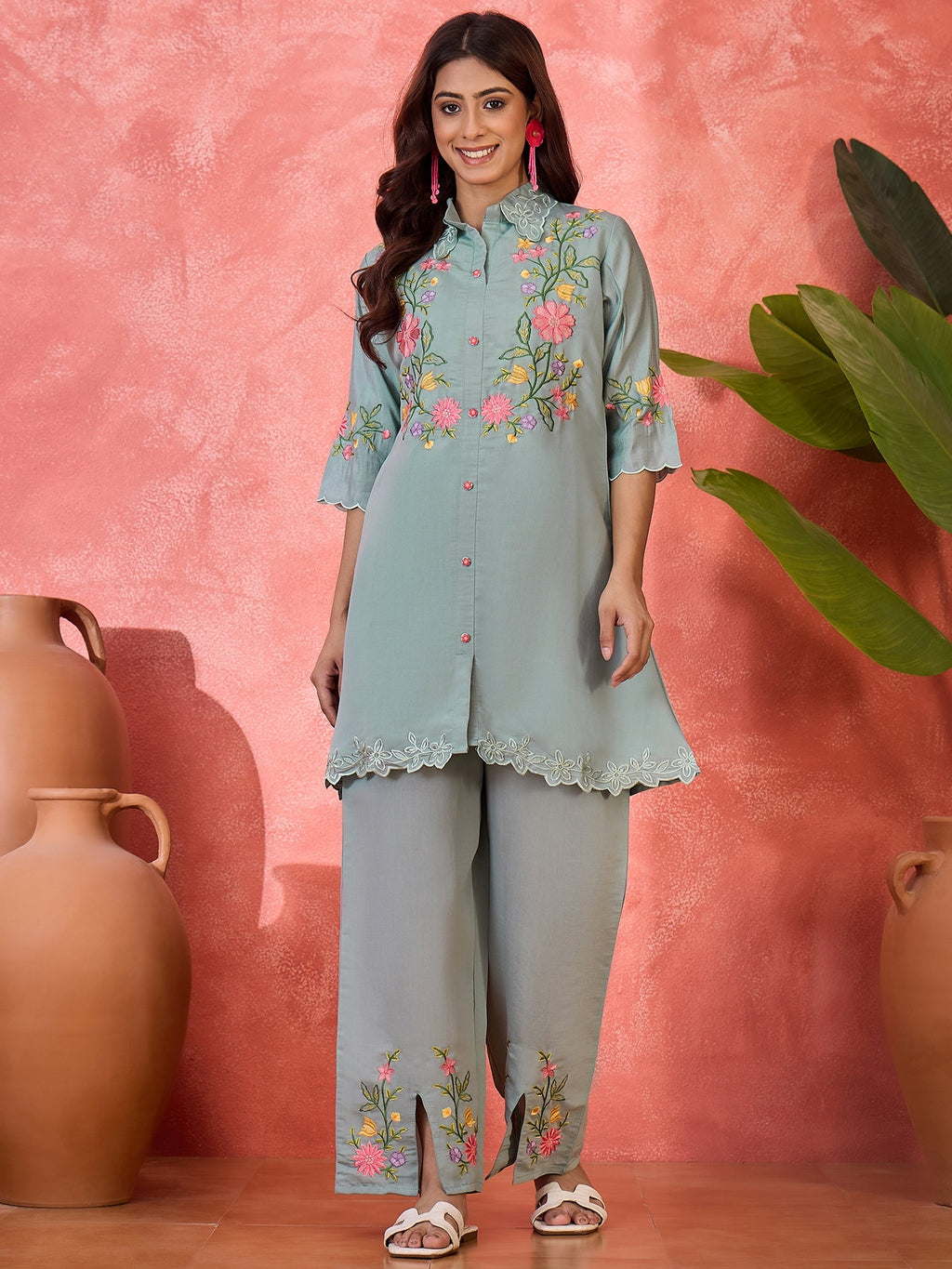 Grey Silk Embroidered Kaftan-Style Kurta Set for Women