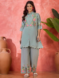Grey Silk Embroidered Kaftan-Style Kurta Set for Women