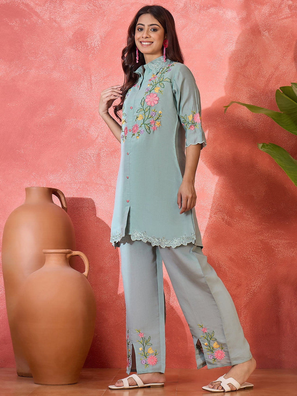 Grey Silk Embroidered Kaftan-Style Kurta Set for Women