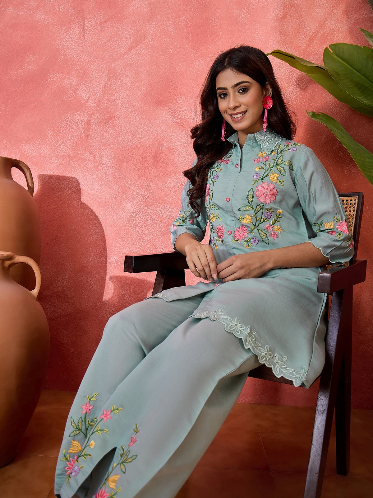 Grey Silk Embroidered Kaftan-Style Kurta Set for Women